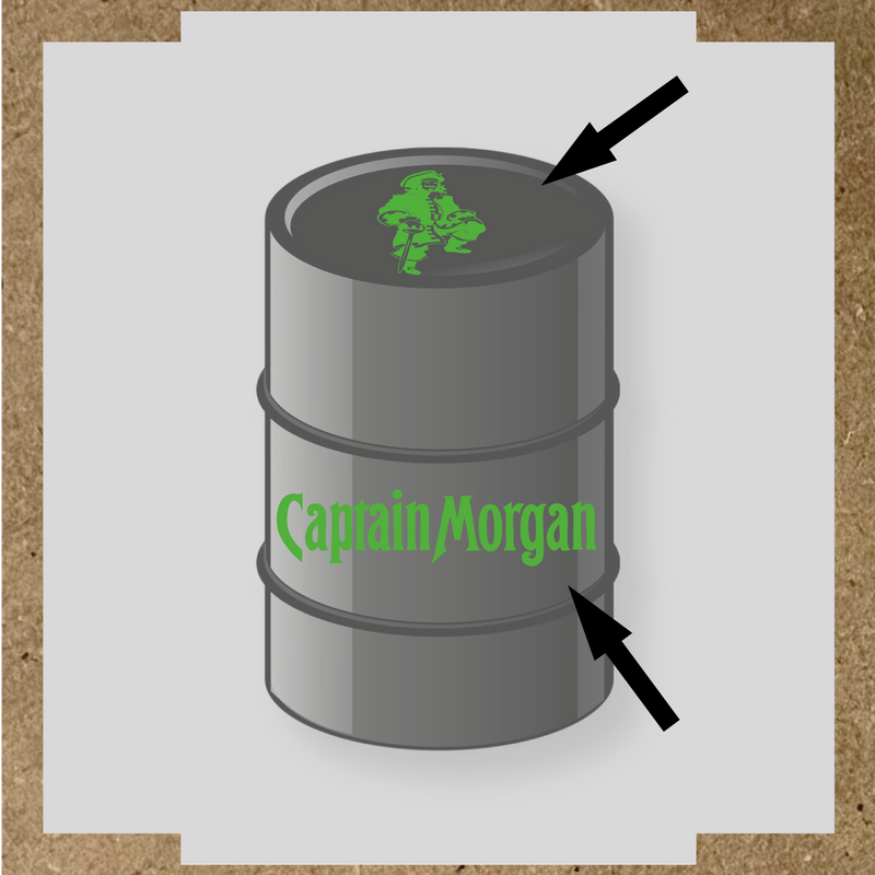 Kit de 2 stickers pour baril Captain Morgan, un avec un personnage de pirate sur le haut et l'autre avec le nom 'Captain Morgan' au bas. couleur:vert prairie