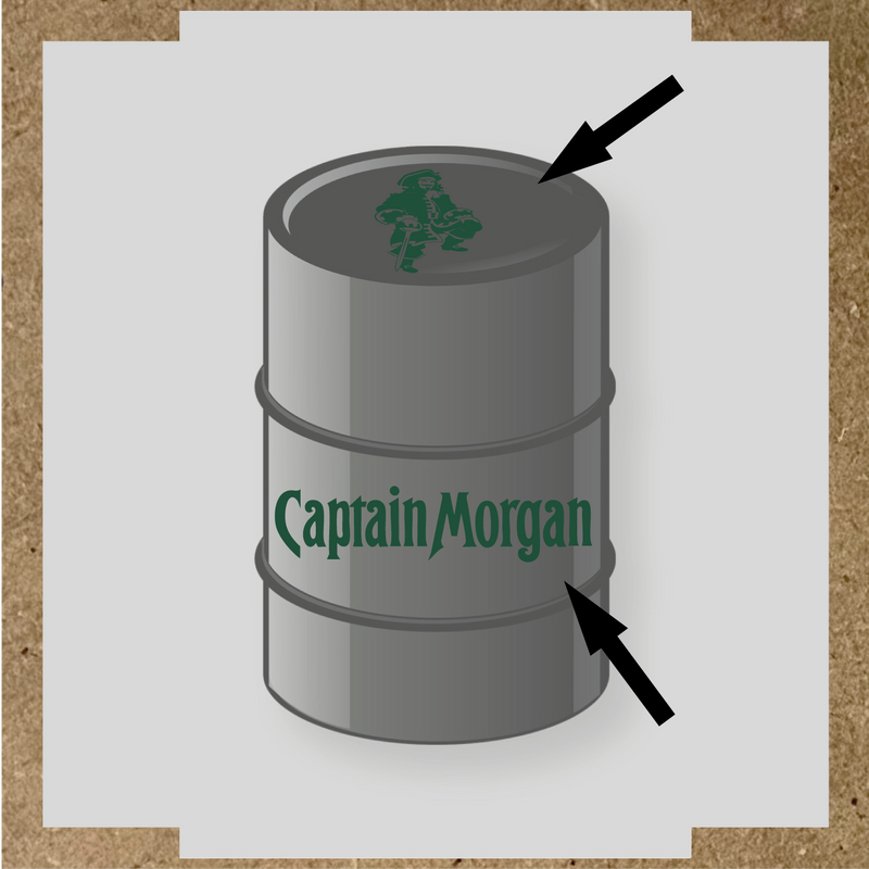 Kit de 2 stickers pour baril Captain Morgan, un avec un personnage de pirate sur le haut et l'autre avec le nom 'Captain Morgan' au bas. couleur:vert sapin