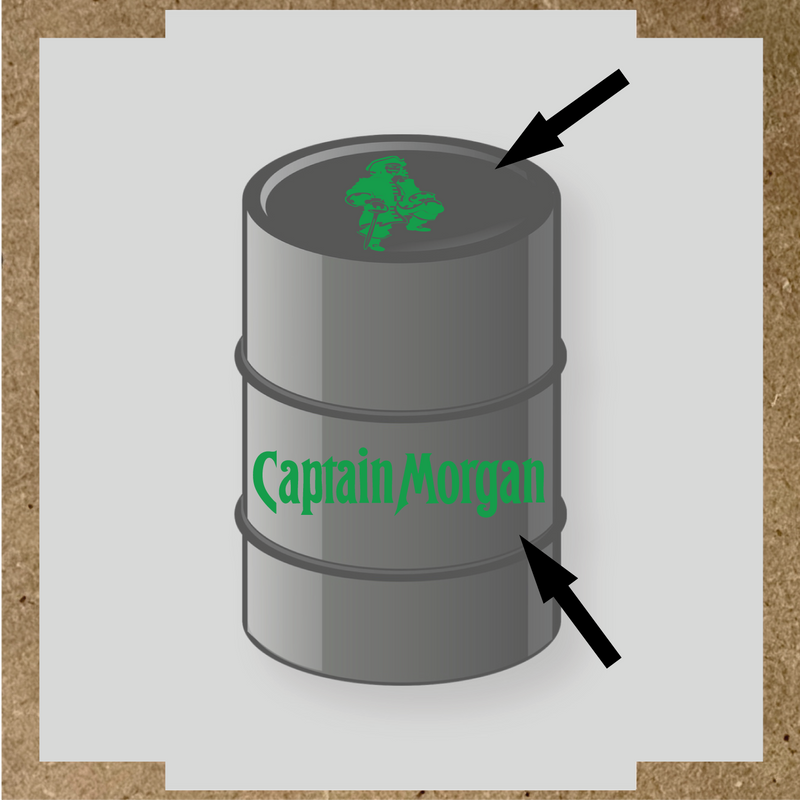 Kit de 2 stickers pour baril Captain Morgan, un avec un personnage de pirate sur le haut et l'autre avec le nom 'Captain Morgan' au bas. couleur:vert vif
