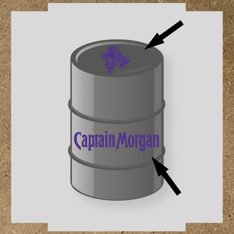 Kit de 2 stickers pour baril Captain Morgan, un avec un personnage de pirate sur le haut et l'autre avec le nom 'Captain Morgan' au bas. couleur:violet