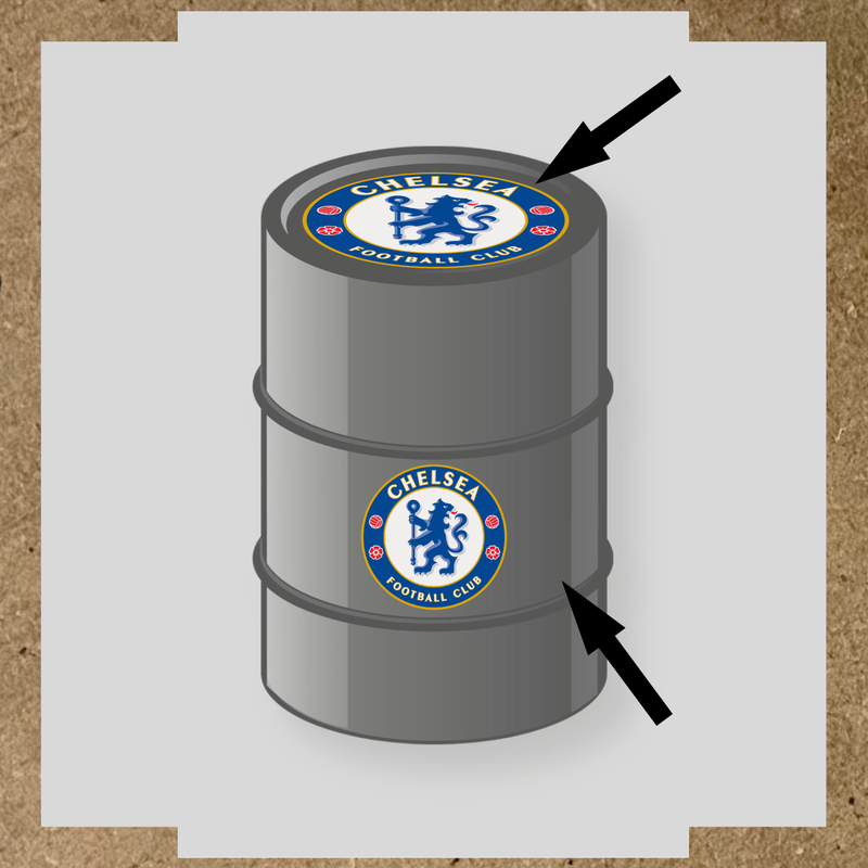 Kit de 2 stickers Chelsea Football Club pour baril avec logo sur le dessus et le côté.