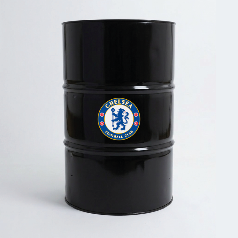 Vue du dessus d’un baril décoratif avec sticker supérieur Chelsea