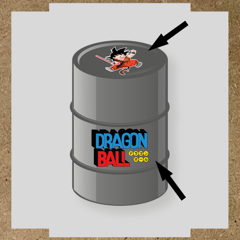 Kit de 2 stickers pour baril représentant un personnage de dessin animé avec un bâton, couleurs noir, orange, bleu, rouge, jaune.