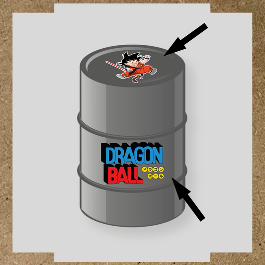 Kit de 2 stickers pour baril représentant un personnage de dessin animé avec un bâton, couleurs noir, orange, bleu, rouge, jaune.