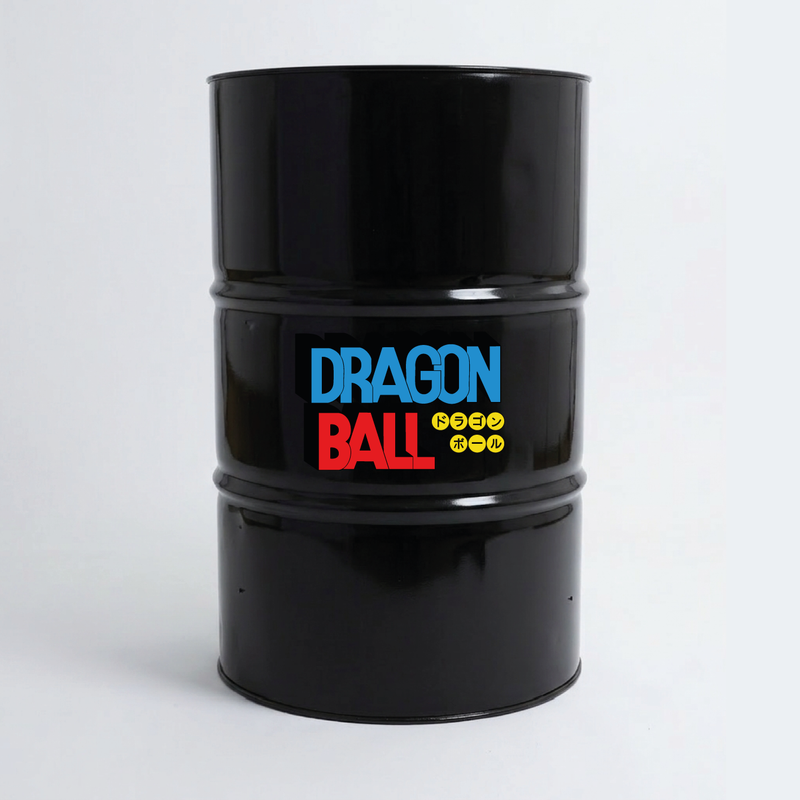Vue du dessus d’un baril décoratif avec sticker supérieur Kit de 2 stickers Dragon Ball logo