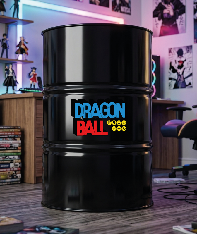 Baril décoratif avec kit de 2 stickers Kit de 2 stickers Dragon Ball logo en situation réelle