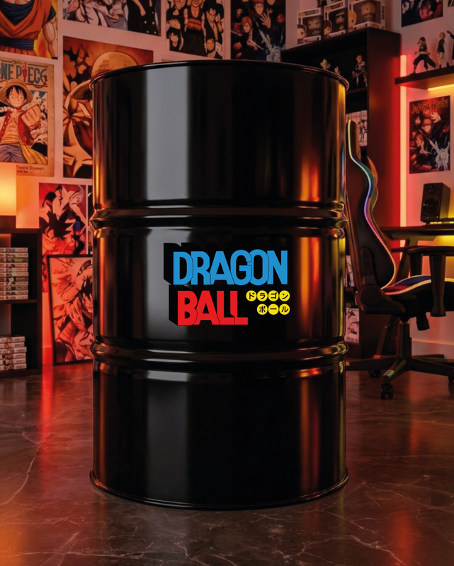 Mise en situation d’un baril décoratif avec kit de 2 stickers Kit de 2 stickers Dragon Ball logo