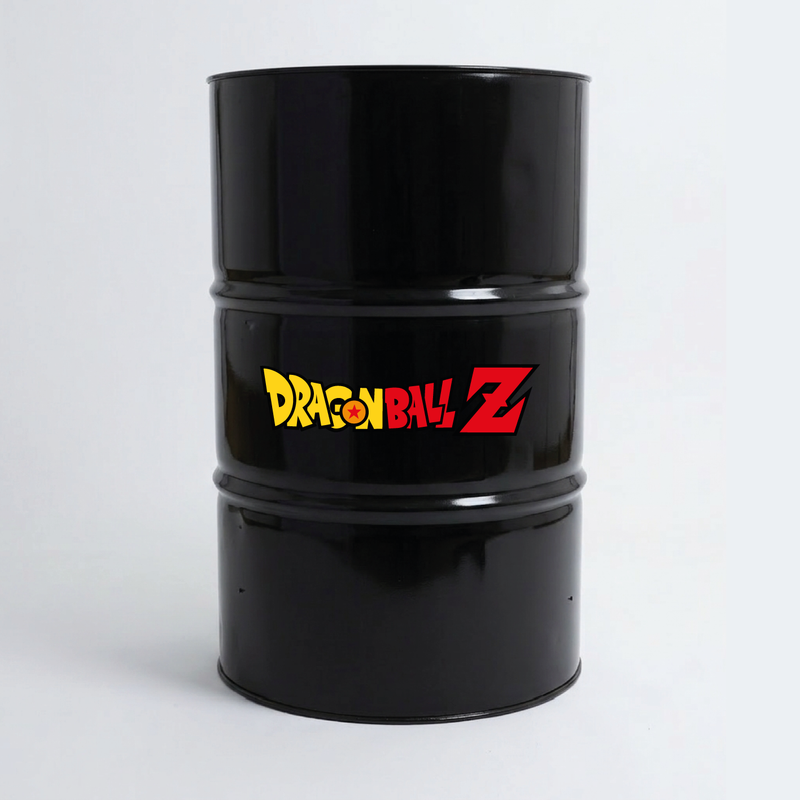 Vue du dessus d’un baril décoratif avec sticker supérieur Kit de 2 stickers Dragon Ball Z Son Goku logo pour baril décoratif