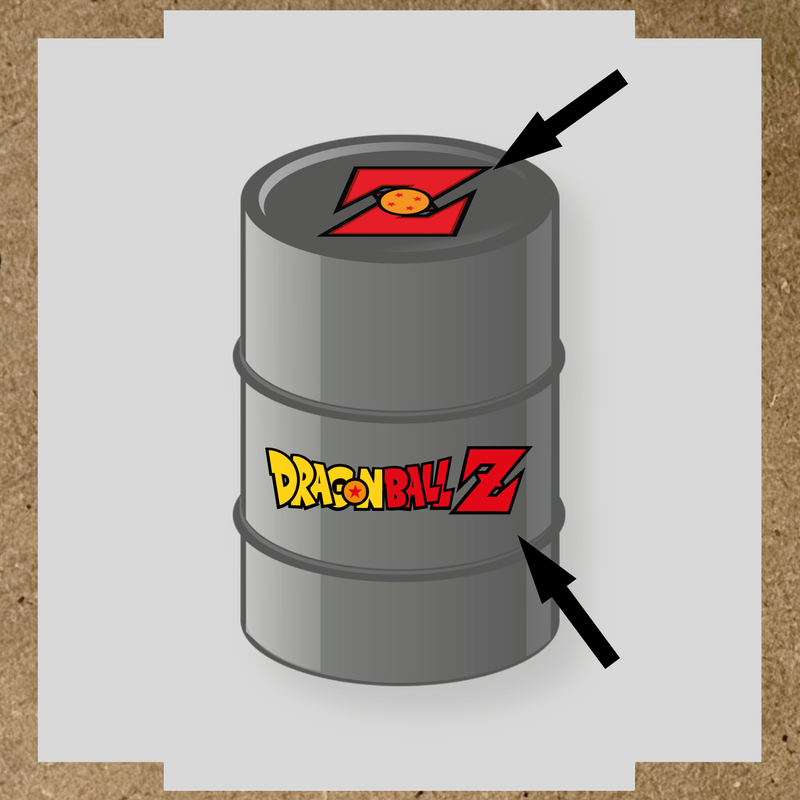 Kit de 2 stickers pour baril avec logo Dragon Ball Z en rouge et jaune.
