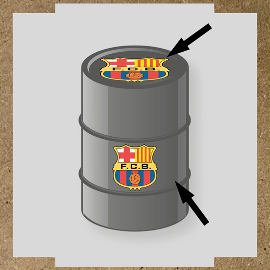 Kit de stickers pour baril, comprenant 2 stickers avec le logo FC Barceone 1975-2002 sur un baril décoratif.