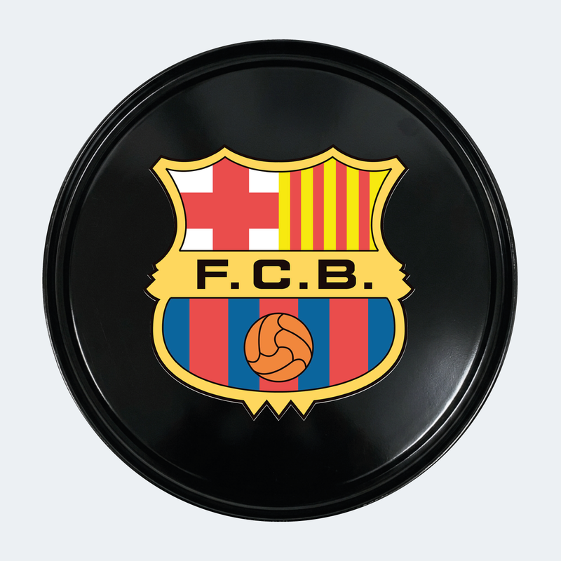 Vue de face d’un baril décoratif avec sticker inférieur FC Barceone 1975-2002