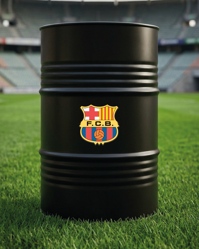 Mise en situation d’un baril décoratif avec kit de 2 stickers FC Barceone 1975-2002