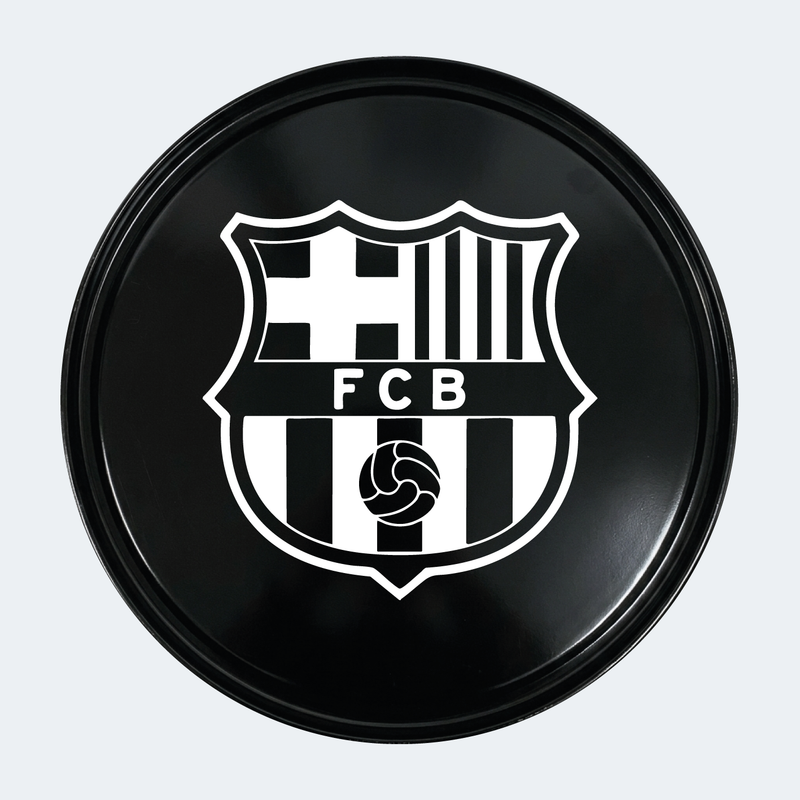 Vue du dessus d’un baril avec sticker principal FC Barcelona 