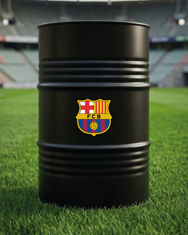Mise en situation d’un baril décoratif avec kit de 2 stickers FC Barcelone
