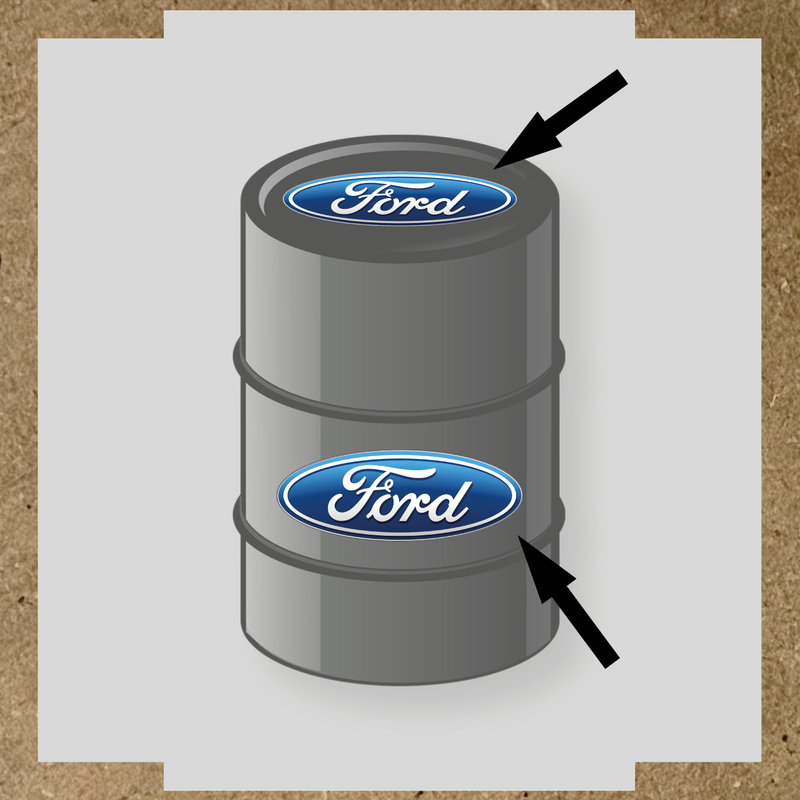 Kit de 2 stickers pour baril avec logo Ford sur le dessus et sur le côté.