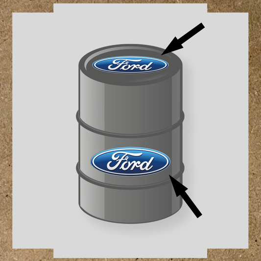 Kit de 2 stickers pour baril avec logo Ford sur le dessus et sur le côté.