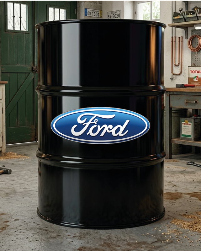 Mise en situation d’un baril décoratif avec kit de 2 stickers Ford bleu