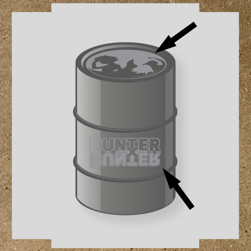 Kit de 2 stickers pour baril, incluant des silhouettes de personnages et le logo 'HUNTER' en lettres stylisées, sur un baril circulaire. couleur:argent