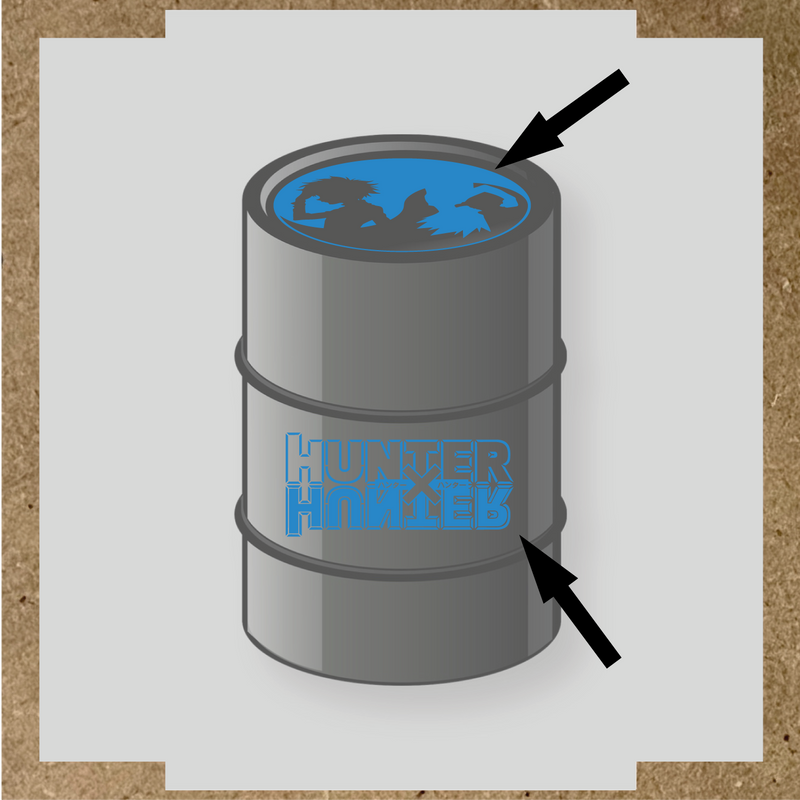 Kit de 2 stickers pour baril, incluant des silhouettes de personnages et le logo 'HUNTER' en lettres stylisées, sur un baril circulaire. couleur:bleu lagon