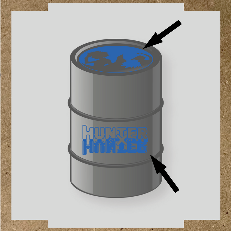 Kit de 2 stickers pour baril, incluant des silhouettes de personnages et le logo 'HUNTER' en lettres stylisées, sur un baril circulaire. couleur:bleu pétrole