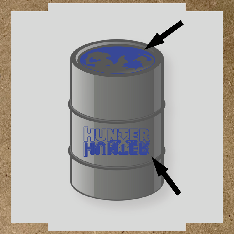 Kit de 2 stickers pour baril, incluant des silhouettes de personnages et le logo 'HUNTER' en lettres stylisées, sur un baril circulaire. couleur:bleu roi