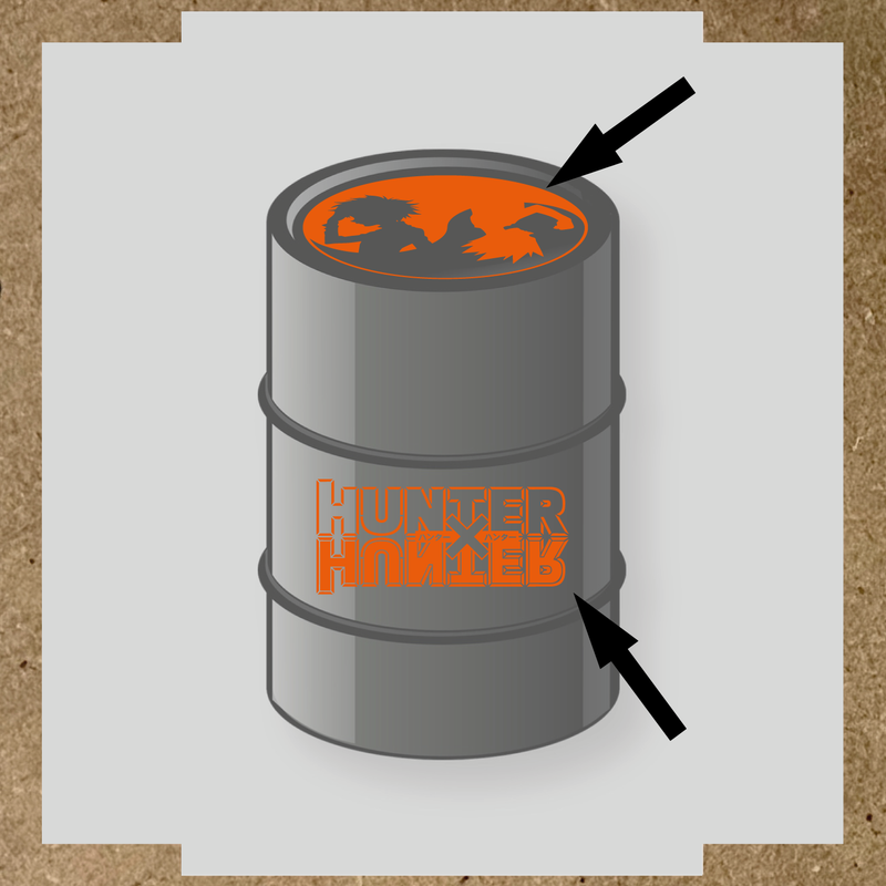 Kit de 2 stickers pour baril, incluant des silhouettes de personnages et le logo 'HUNTER' en lettres stylisées, sur un baril circulaire. couleur:orange
