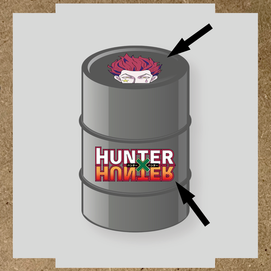 Kit de 2 stickers pour barils représentant un personnage de Hunter x Hunter avec des cheveux rouges et un look de clown.
