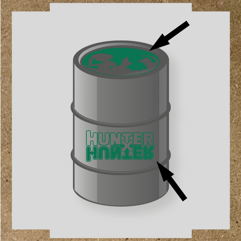 Kit de 2 stickers pour baril, incluant des silhouettes de personnages et le logo 'HUNTER' en lettres stylisées, sur un baril circulaire. couleur:vert émeraude