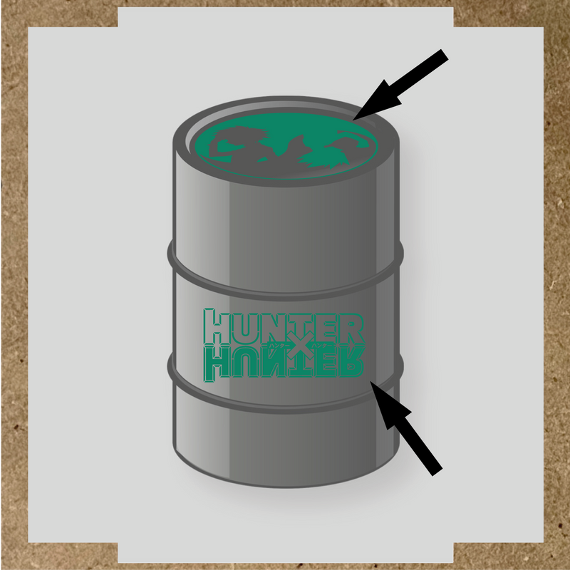 Kit de 2 stickers pour baril, incluant des silhouettes de personnages et le logo 'HUNTER' en lettres stylisées, sur un baril circulaire. couleur:vert jade
