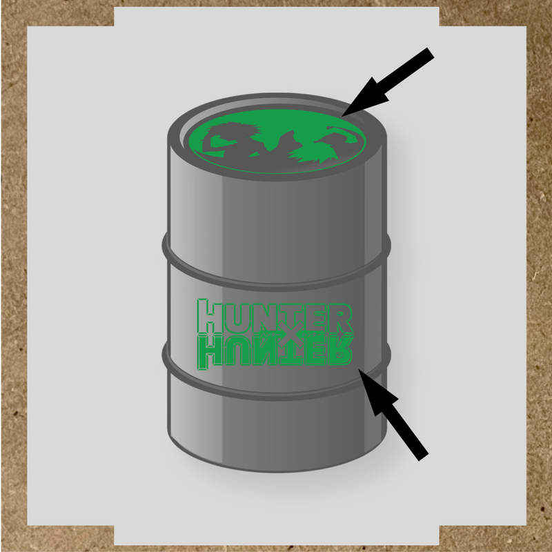 Kit de 2 stickers pour baril, incluant des silhouettes de personnages et le logo 'HUNTER' en lettres stylisées, sur un baril circulaire. couleur:vert vif