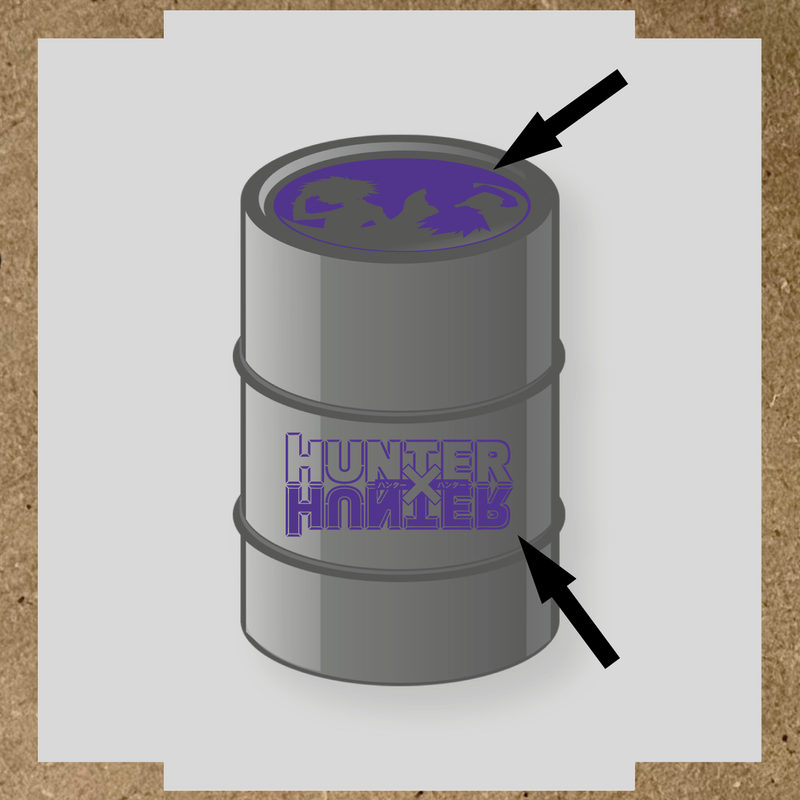 Kit de 2 stickers pour baril, incluant des silhouettes de personnages et le logo 'HUNTER' en lettres stylisées, sur un baril circulaire. couleur:violet
