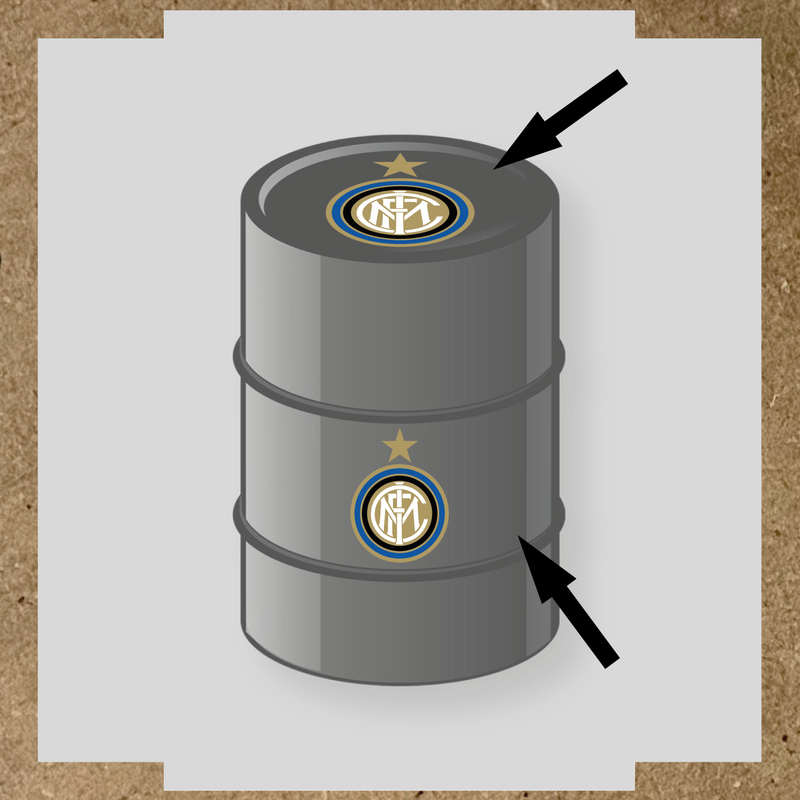 Kit de 2 stickers pour baril gris avec logo de l'Inter Milan, sur le dessus et le côté.