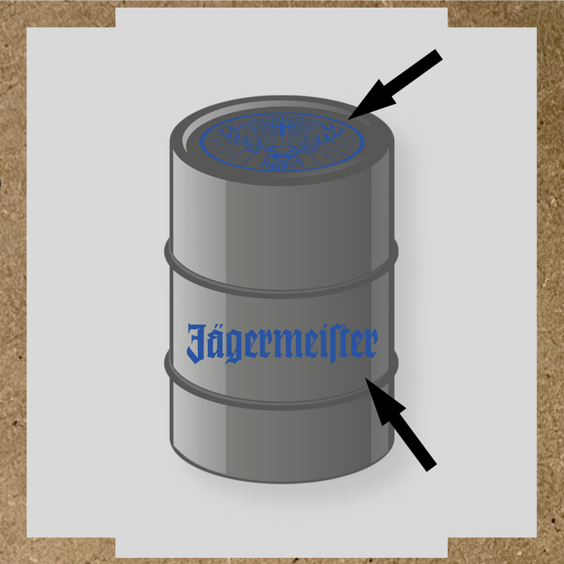 Kit de 2 stickers pour baril avec motif de cerf et texte 'Jägermeister'. couleur:bleu acier