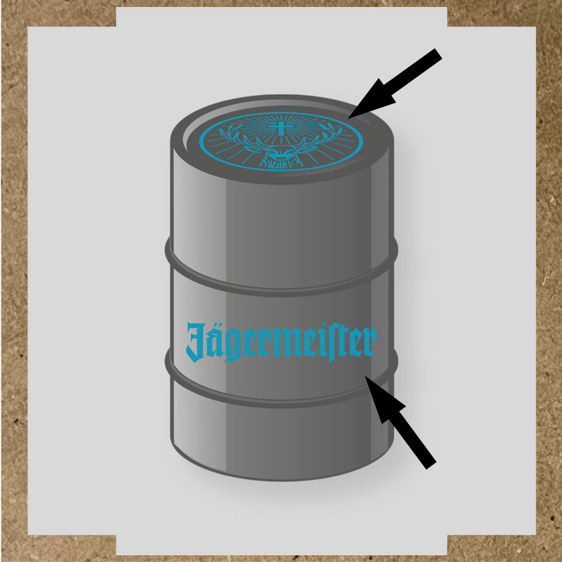 Kit de 2 stickers pour baril avec motif de cerf et texte 'Jägermeister'. couleur:bleu azur