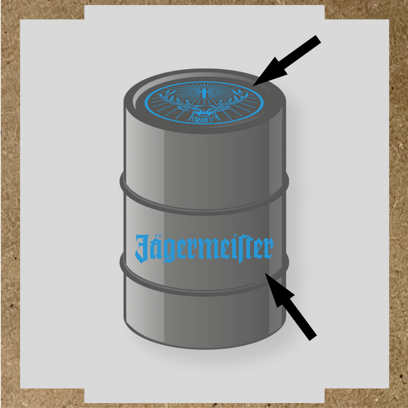 Kit de 2 stickers pour baril avec motif de cerf et texte 'Jägermeister'. couleur:bleu ciel