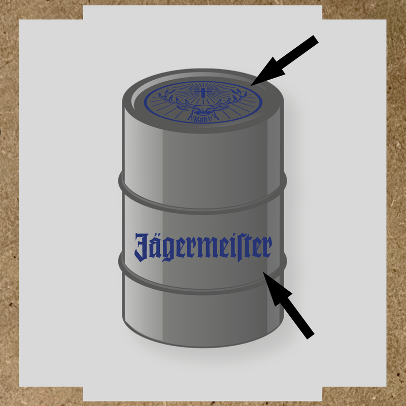 Kit de 2 stickers pour baril avec motif de cerf et texte 'Jägermeister'. couleur:bleu indigo