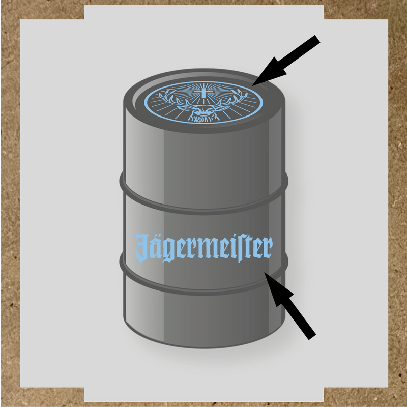 Kit de 2 stickers pour baril avec motif de cerf et texte 'Jägermeister'. couleur:bleu pastel
