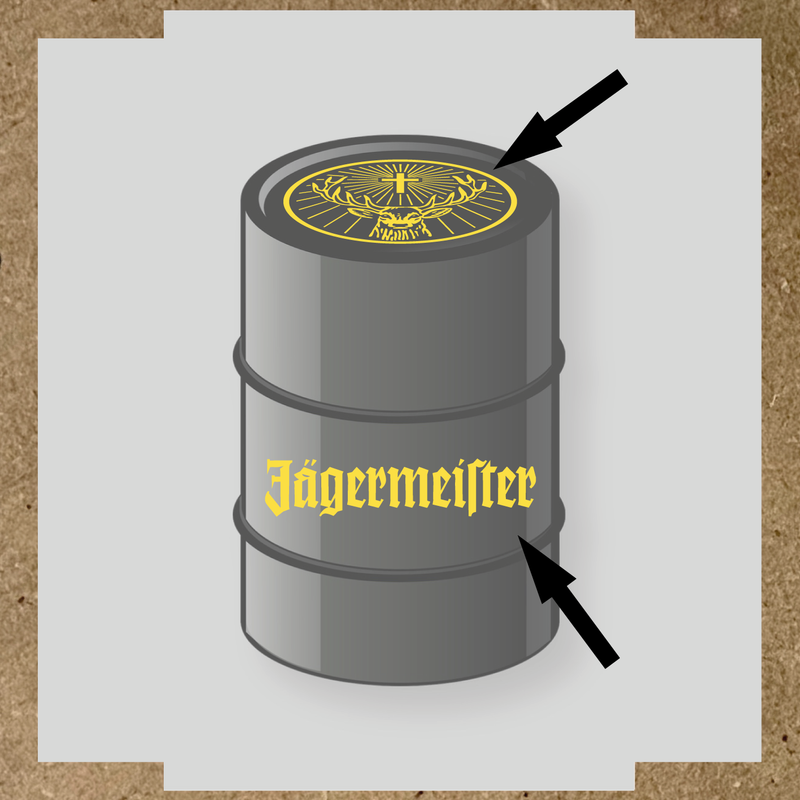 Kit de 2 stickers pour baril avec motif de cerf et texte 'Jägermeister'. couleur:jaune clair