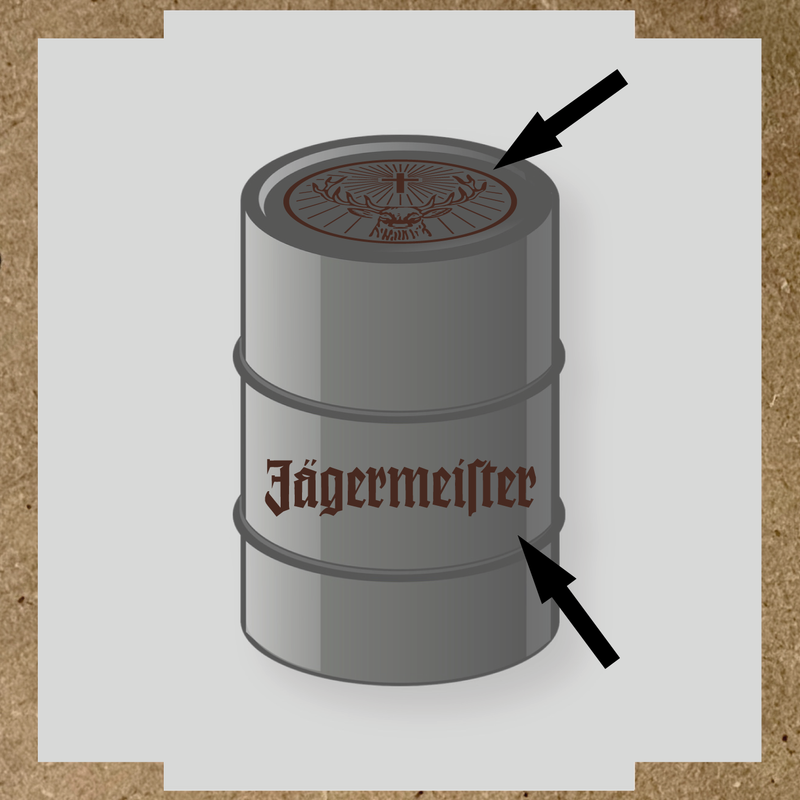 Kit de 2 stickers pour baril avec motif de cerf et texte 'Jägermeister'. couleur:marron foncé