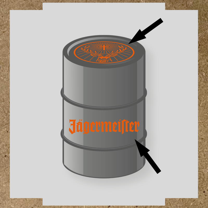 Kit de 2 stickers pour baril avec motif de cerf et texte 'Jägermeister'. couleur:orange