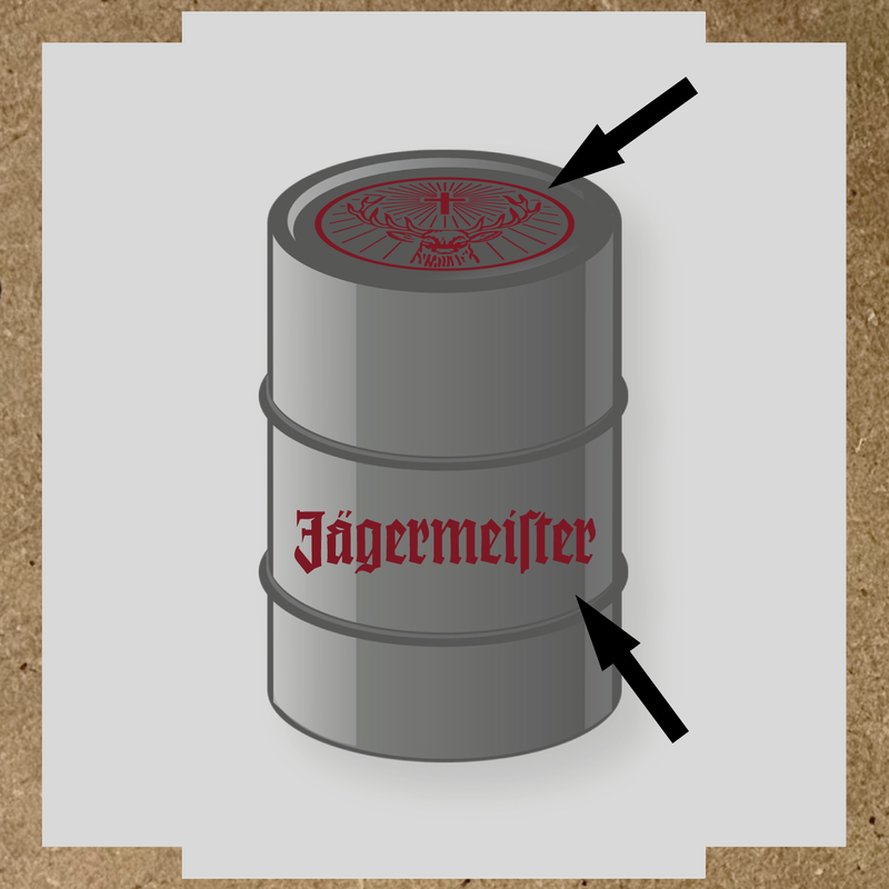 Kit de 2 stickers pour baril avec motif de cerf et texte 'Jägermeister'. couleur:rouge bordeaux