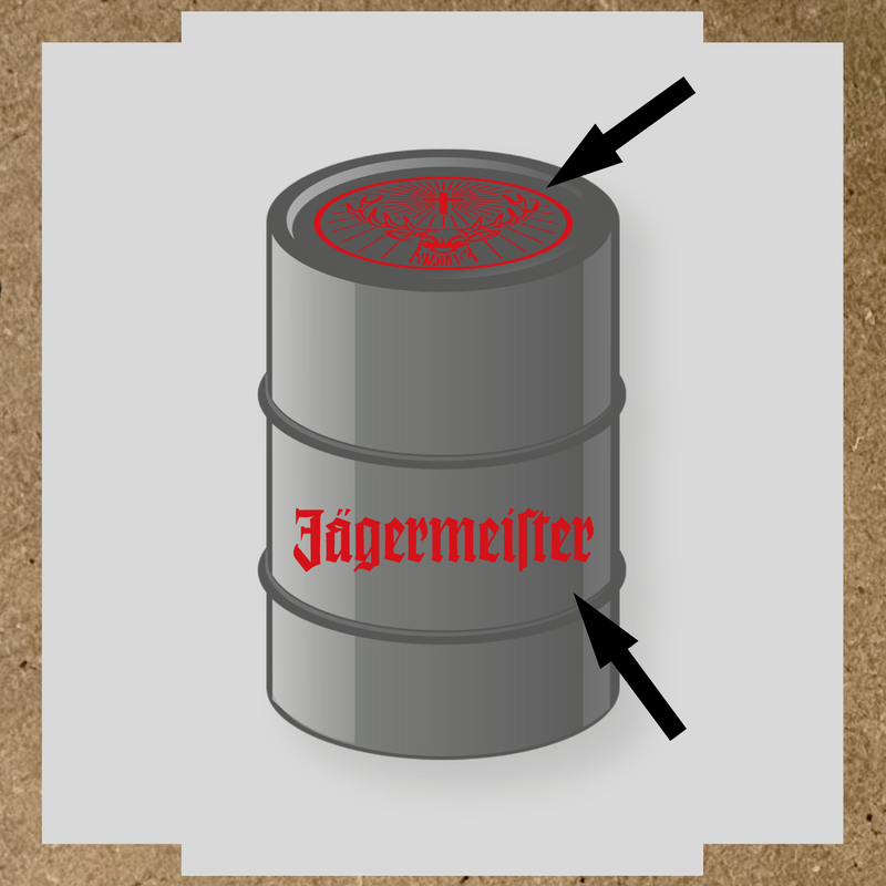 Kit de 2 stickers pour baril avec motif de cerf et texte 'Jägermeister'. couleur:rouge