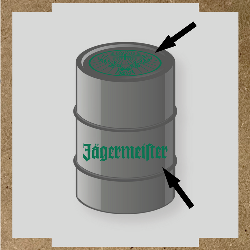 Kit de 2 stickers pour baril avec motif de cerf et texte 'Jägermeister'. couleur:vert émeraude