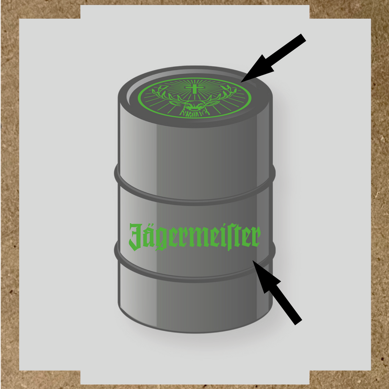 Kit de 2 stickers pour baril avec motif de cerf et texte 'Jägermeister'. couleur:vert prairie