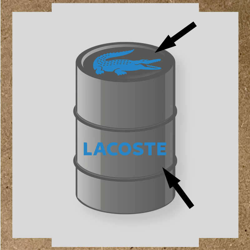 Illustration du kit de stickers pour baril LACOSTE, représentant un crocodile blanc et le texte 'LACOSTE' en blanc sur un baril. couleur:bleu lagon