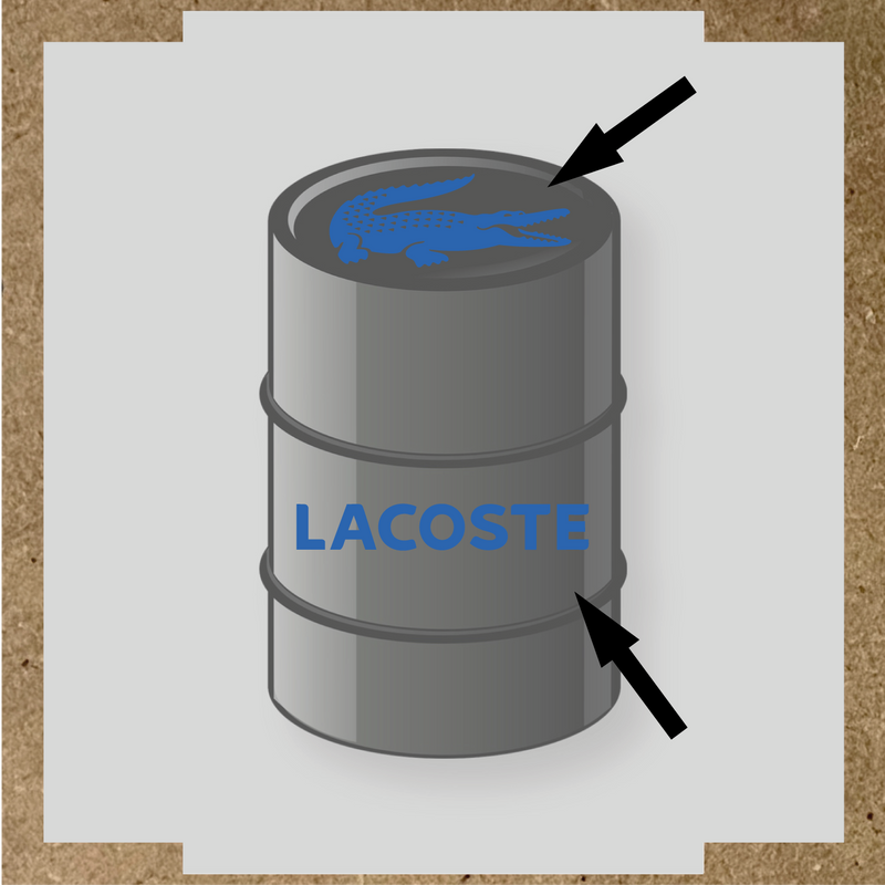 Illustration du kit de stickers pour baril LACOSTE, représentant un crocodile blanc et le texte 'LACOSTE' en blanc sur un baril. couleur:bleu pétrole
