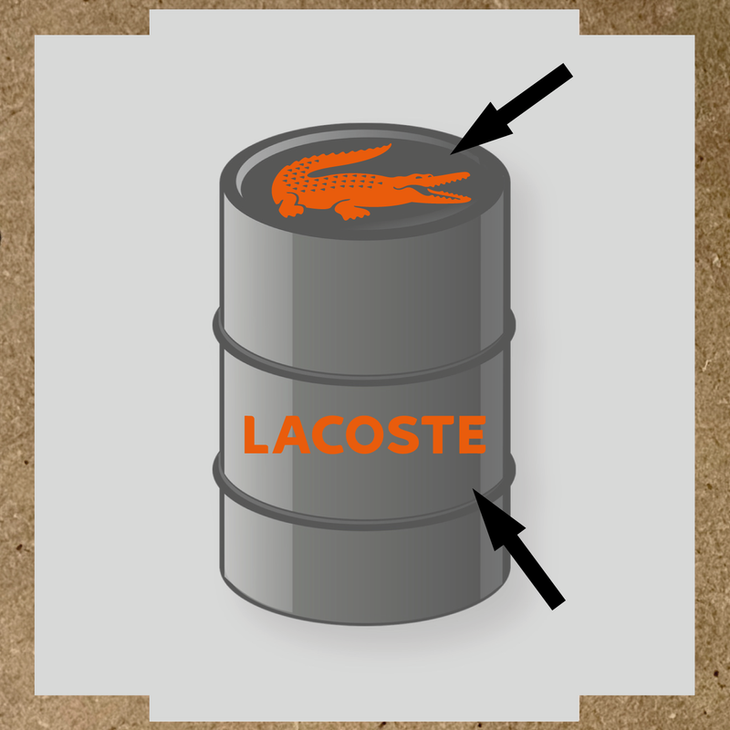 Illustration du kit de stickers pour baril LACOSTE, représentant un crocodile blanc et le texte 'LACOSTE' en blanc sur un baril. couleur:orange