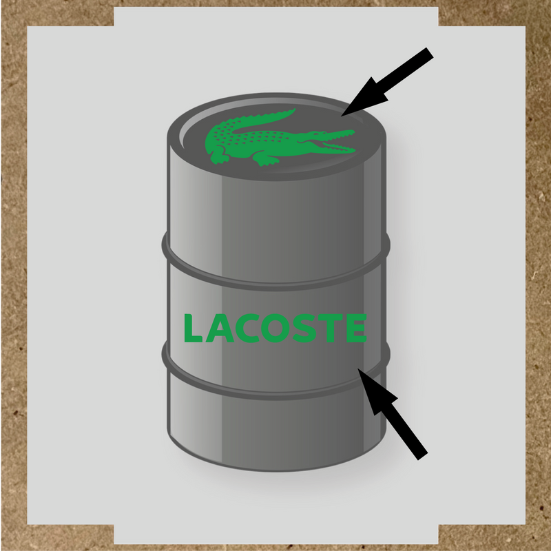 Illustration du kit de stickers pour baril LACOSTE, représentant un crocodile blanc et le texte 'LACOSTE' en blanc sur un baril. couleur:vert vif