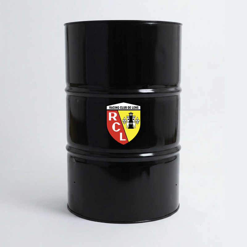 Vue du dessus d’un baril décoratif avec sticker supérieur RC Lens