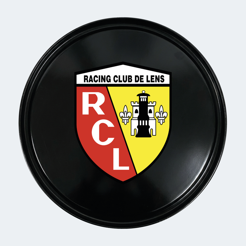 Vue de face d’un baril décoratif avec sticker inférieur RC Lens
